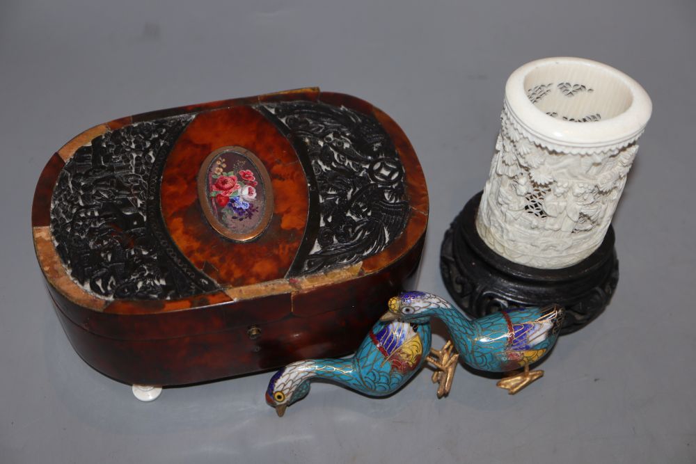 A 19th century tortoiseshell trinket box and a Chinese ivory tusk vase and a pair of cloisonne duck